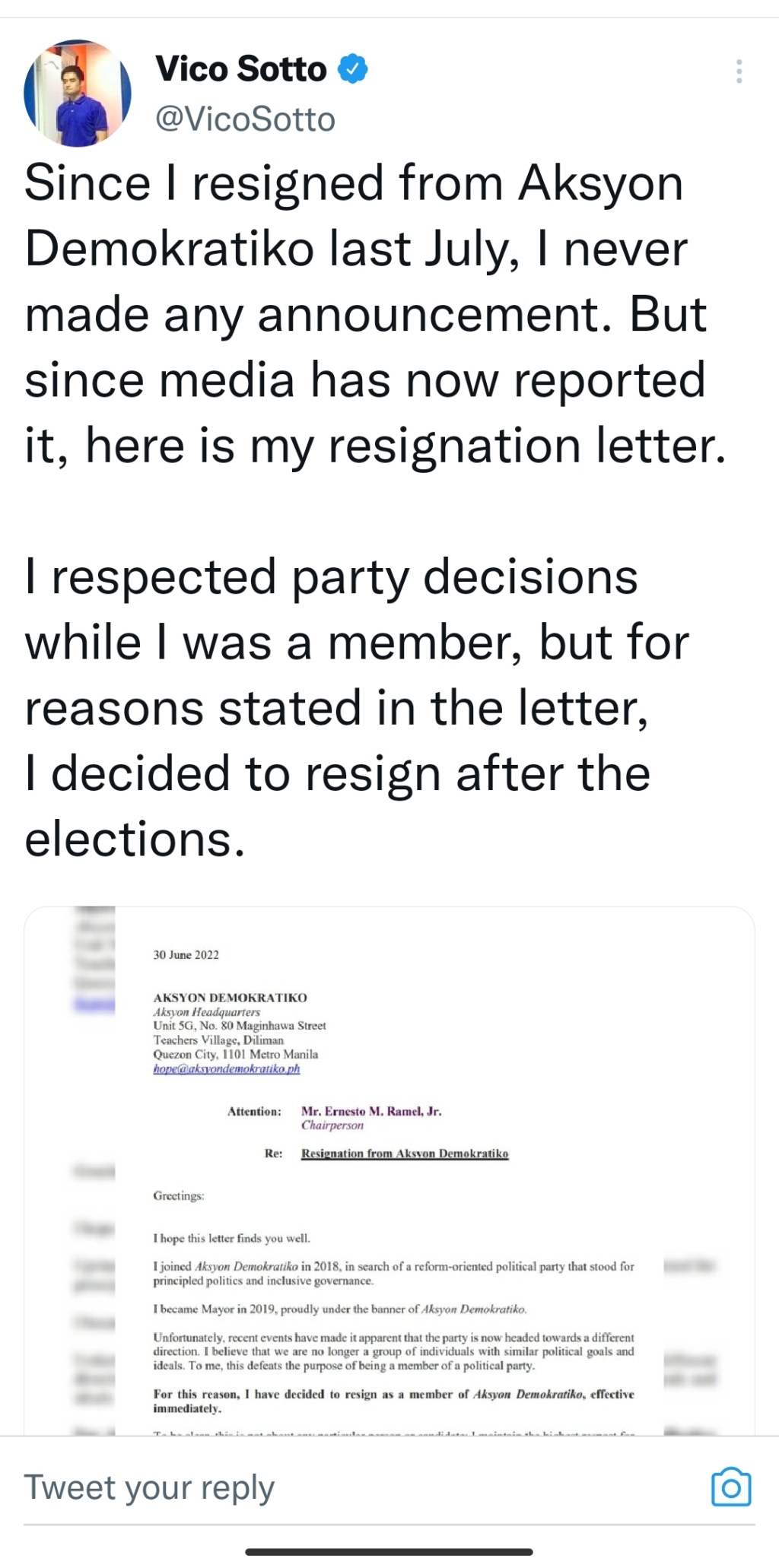 Vico Sotto’s tweet on his Resignation in Aksyon Demokratiko