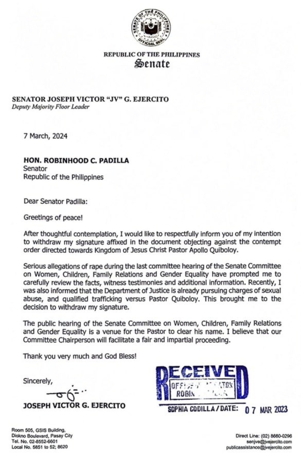Ejercito withdraw his Signature support on Quiboloy